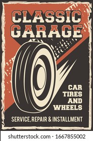 Auto Service Car Tires Wheels Service Repair Installment Signage Poster Retro Rustic Vector
