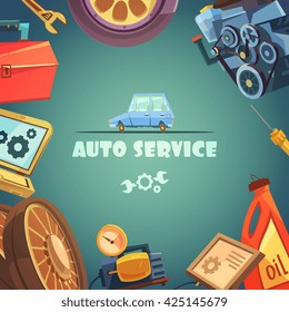 Auto service cartoon background with maintenance and repair symbols vector illustration 