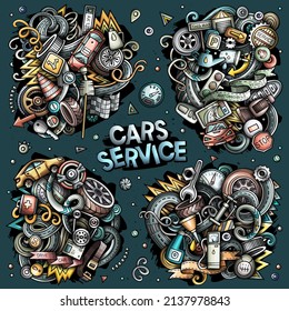 Auto Service cartoon vector doodle designs set. Colorful detailed compositions with lot of Automotive objects and symbols. All items are separate