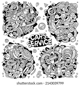 Auto Service cartoon vector doodle designs set. Line art detailed compositions with lot of Automotive objects and symbols. All items are separate