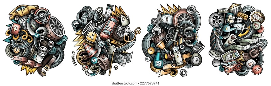 Auto service cartoon vector doodle designs set. Colorful detailed compositions with lot of automotive objects and symbols. Isolated on white illustrations