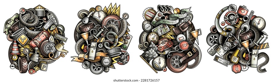 Auto service cartoon vector doodle designs set. Colorful detailed compositions with lot of automotive objects and symbols. Isolated on white illustrations