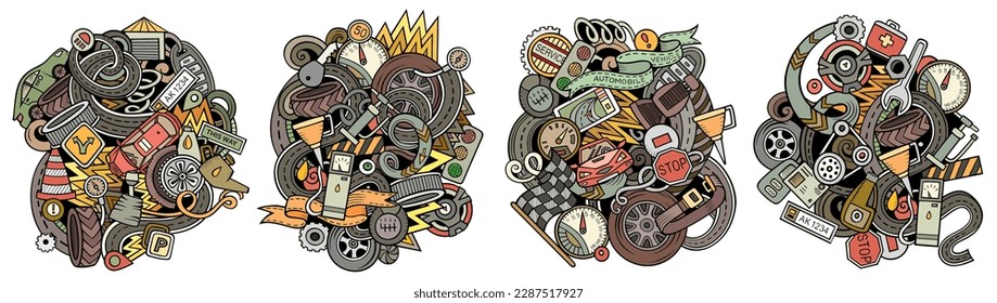 Auto service cartoon vector doodle designs set. Colorful detailed compositions with lot of automotive objects and symbols. Isolated on white illustrations