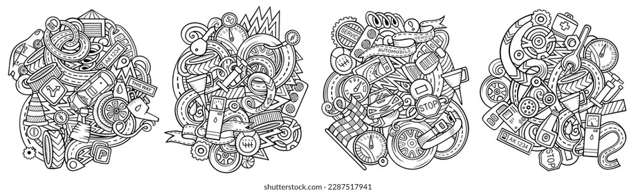 Diseño del doodle vectorial de dibujos animados de servicio automático. Composiciones detalladas con muchos objetos y símbolos para automóviles