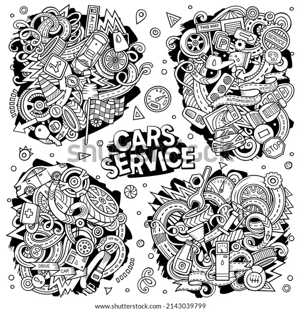 Auto Service cartoon vector doodle designs\
set. Line art detailed compositions with lot of Automotive objects\
and symbols. All items are\
separate