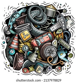 Auto Service cartoon vector illustration. Colorful detailed composition with lot of Automotive objects and symbols. All items are separate