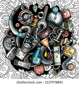 Dibujo vectorial de caricatura de servicio automático. Colorida composición detallada con muchos objetos y símbolos de Automotive. Todos los elementos están separados
