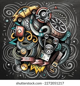 Auto Service cartoon vector illustration. Chalkboard detailed composition with lot of Automotive objects and symbols. All items are separate