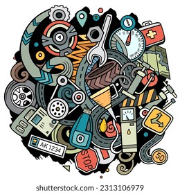 Auto Service cartoon vector illustration. Colorful detailed composition with lot of Automotive objects and symbols. All items are separate