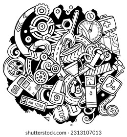 Auto Service cartoon vector illustration. Sketchy detailed composition with lot of Automotive objects and symbols. All items are separate