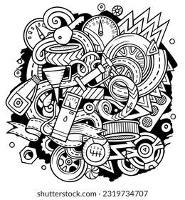 Dibujo vectorial de caricatura de servicio automático. Composición detallada y esquemática con muchos objetos y símbolos de Automotive. Todos los elementos están separados