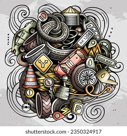 Auto Service cartoon vector illustration. Colorful detailed composition with lot of Automotive objects and symbols. All items are separate