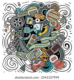 Ilustración vectorial de dibujos animados de Auto Service. Composición detallada colorida con muchos objetos y símbolos automotrices