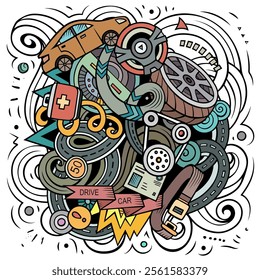 Auto Service cartoon vector illustration. Colorful detailed composition with lot of Automotive objects and symbols