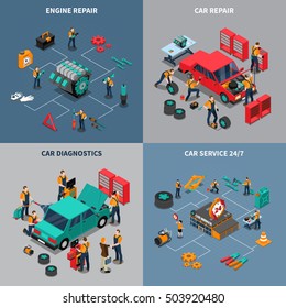 Auto service center 4 isometric icons square composition with diagnostic and car maintenance units isolated vector illustration 