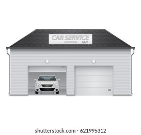 Auto service center with automatic gates and parked white car. Facade of the garage. Signboard on the black roof. Vector illustration on white isolated background. Eps 10