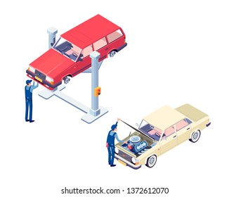 Auto service center workers fixing car engine and suspension on white background 3d isometric vector illustration