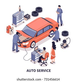 Auto service center workers fixing car and changing tyres on white background 3d isometric vector illustration