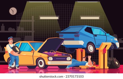 Auto service centre workers in uniform repairing car and changing tyres flat vector illustration