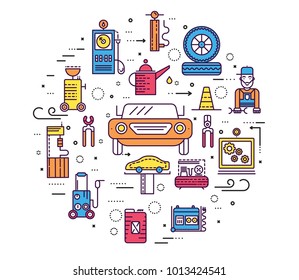 auto service circle concept. Thin line icons with flat background design. Worker mechanic repairs a car on the garage. Vehicle station with workshop tools