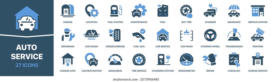 Auto service colored signed icon collection. Garage, fuel, charger, repair, maintenance icons. UI icon set. Colored icons pack. Vector illustration 