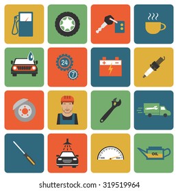 Auto service colorful flat design icons set. Template elements for web and mobile applications