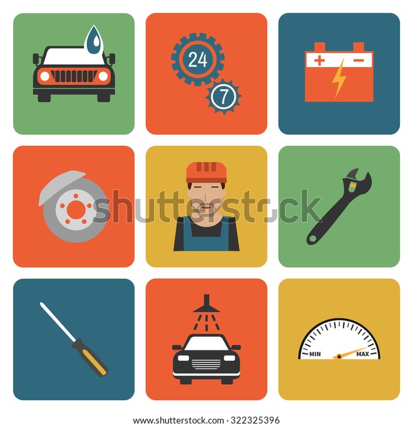 Auto service colorful flat design\
icons set. Template elements for web and mobile\
applications