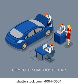 Auto service computer car diagnostic isometric banner with mechanics team and customers design abstract vector illustration