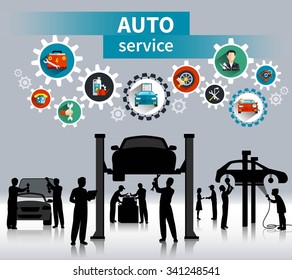 Auto service concept background with spare parts and maintenance symbols flat shadow vector illustration 