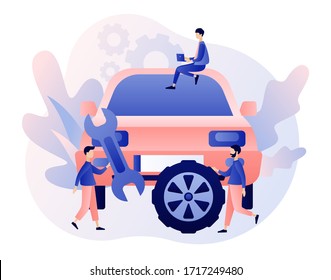 Auto service concept. Car service and repair. Tiny Repairman, Mechanics characters in uniform with tools and tire. Modern flat cartoon style. Vector illustration on white background