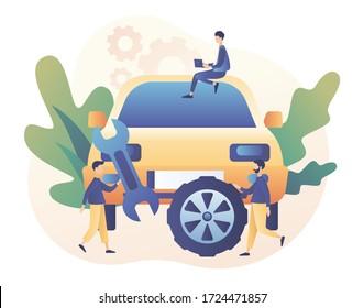 Auto service concept. Car service and repair. Tiny Repairman, Mechanics characters in uniform with tools and tire. Modern flat cartoon style. Vector illustration on white background