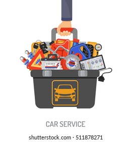 Auto Service Concept with Car tools and toolbox in hand car mechanic flat Icons. Isolated vector illustration.