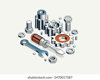 Auto service concept, gears and tools in 3D isometric projection vector illustration, automobile car repair garage workshop, fix the breakage.