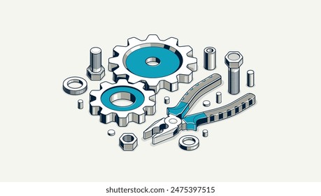 Auto service concept, gears and tools in 3D isometric projection vector illustration, automobile car repair garage workshop, fix the breakage.