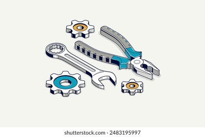 Auto service concept, gears and tools in 3D isometric projection vector illustration, automobile car repair garage workshop, fix the breakage.