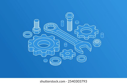 Conceito de serviço automático, engrenagens e ferramentas em 3D ilustração vetor projeção isométrica, oficina de garagem de reparação de automóveis, corrigir a quebra.