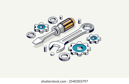 Conceito de serviço automático, engrenagens e ferramentas em 3D ilustração vetor projeção isométrica, oficina de garagem de reparação de automóveis, corrigir a quebra.