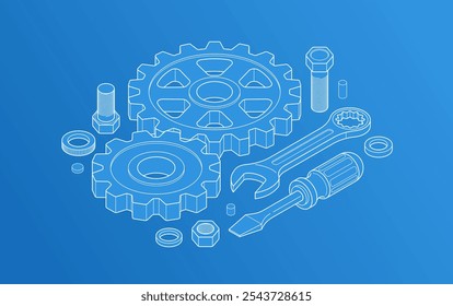 Conceito de serviço automático, engrenagens e ferramentas em 3D ilustração vetor projeção isométrica, oficina de garagem de reparação de automóveis, corrigir a quebra.