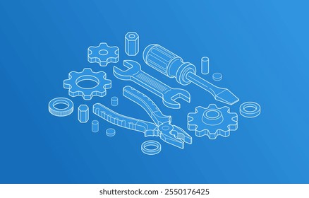 Conceito de serviço automático, engrenagens e ferramentas em 3D ilustração vetor projeção isométrica, oficina de garagem de reparação de automóveis, corrigir a quebra.