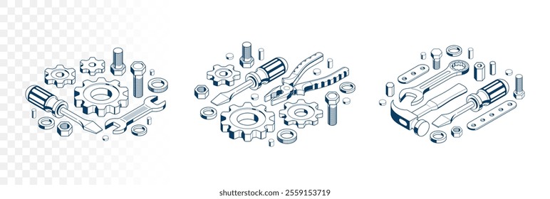 Auto service concept, gears and tools in 3D isometric projection vector illustration, automobile car repair garage workshop, fix the breakage.