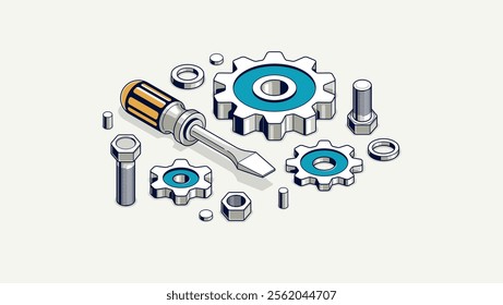 Auto service concept, gears and tools in 3D isometric projection vector illustration, automobile car repair garage workshop, fix the breakage.