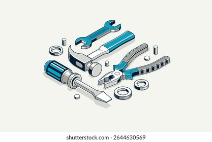 Auto service concept, gears and tools in 3D isometric projection vector illustration, automobile car repair garage workshop, fix the breakage.