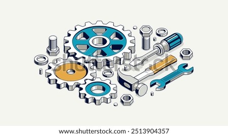 Auto service concept, gears and tools in 3D isometric projection vector illustration, automobile car repair garage workshop, fix the breakage.