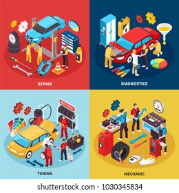  Auto service concept icons set with tuning and repair symbols isometric isolated vector illustration