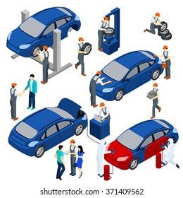 Auto service concept isometric set with spare parts and maintenance symbols isolated vector illustration 