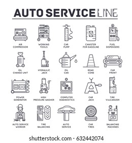 auto service concept. Thin line icons with flat background design. Worker mechanic repair a car on the garage. Vehicle station with workshop tools