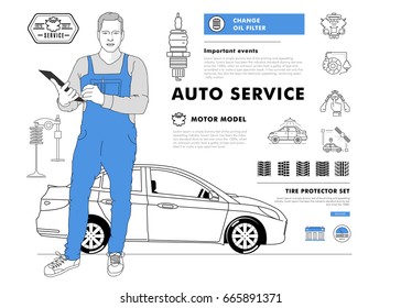 Auto service contour line composition. Technology operations. Diagnostics machine centre. Mechanic worker on station. Awesome big set thin style. Automobile pictogram and icons elements for web.