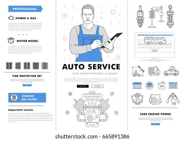 Composición de línea de contorno de servicio automático. Operaciones tecnológicas. Centro del equipo de diagnóstico. Trabajador mecánico en la estación. Excelente estilo delgado. Pictograma de automóvil y elementos de iconos para la web.