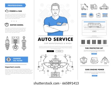 Auto service contour line composition. Technology operations. Diagnostics machine centre. Mechanic worker on station. Awesome big set thin style. Automobile pictogram and icons elements for web.