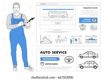 Auto service contour line composition. Technology operations. Diagnostics machine centre. Mechanic worker on station. Awesome big set thin style. Automobile pictogram and icons elements for web.